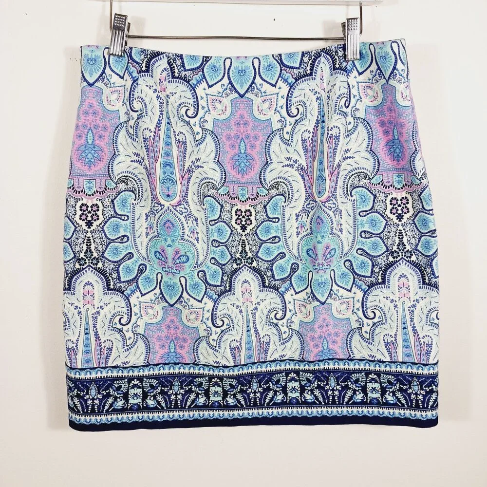 Talbots, Size 10 Blue Print Skirt, Very Flattering Classic Style Side Zip, Lined